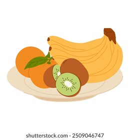 Fruit plate, bowl. Banana, kiwi, oranges on a dish. Tropical mixture of healthy food served on a tray, plate. Fresh natural healthy snack. Flat vector illustration on white background