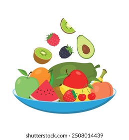 Fruit plate. Healthy food. Apple, avocado, watermelon, kiwi, raspberry, strawberry, peach, banana, blackberry, mango, papaya and red cherry on plate. Healthy fruits on plate vector illustration.