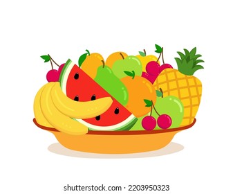 fruit in plate. Fruit healthy organic food sweet and nature concept. bright colors fruits are pineapple, mango, watermelon, banana, pear, orange and apple. vector illustration in flat style isolated.