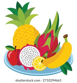 Fruit plate with pineapple dragon fruit apple mango lemon isolated vector illustration on white background