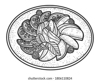 Fruit plate. Sketch scratch board imitation. Black and white.
