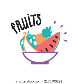 Fruit plate. Vector cartoon image in doodle hand drawn style. Watermelon, banana, grapes and pineapple. Handwritten Inscription.