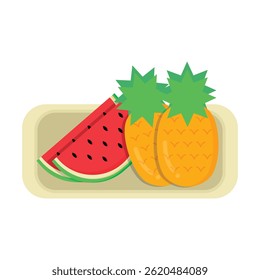 Fruit plate with watermelon and pineapple, evoking freshness and summer; vector art for food, health, and summer projects.