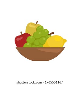 Fruit platter isolated on white. Bowl of fruits with lemon, apples, grapes flat colorful vector illustration 