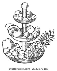 Boceto de bandeja de frutas. Dibujo de comida fresca servida