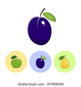 Fruit Plum  on White Background , Set of Three Round Colorful Icons  Apple, Plum and Pear, Vector Illustration