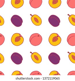 Fruit plum and peach seamless pattern, great design for any purposes. Hand drawn fabric texture pattern. Healthy food background. Vector flat style summer graphic. On white background.