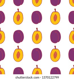 Fruit plum seamless pattern, great design for any purposes. Hand drawn fabric texture pattern. Healthy food background. Vector flat style summer graphic. On white background.