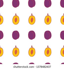 Fruit plum seamless pattern, great design for any purposes. Hand drawn fabric texture pattern. Healthy food background. Vector flat style summer graphic. On white background.