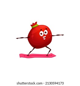 Fruit pomegranate doing sport exercise on yoga mat isolated cartoon character emoticon healthy lifestyle. Vector garnet stretching on yoga pilates, training at home or gym, exotic pomegranate mascot