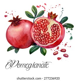 Fruit pomegranate - illustration. Hand drawn watercolor painting on white background.