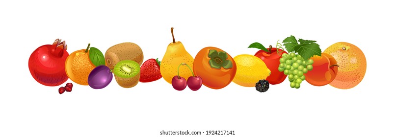 Fruit. Pomegranate, orange, plum, kiwi, strawberry, pear, sweet cherry, persimmon, lemon, blackberry, apple, grape, peach, orange. Vector illustration isolated on white background.