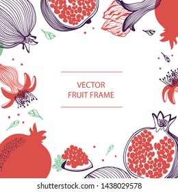 Moldura de texto de romã de frutas desenhada à mão modelo plano. Cartão Rosh hashana - Ano Novo Judaico. Design vetorial com ilustração botânica de romã. Para negócios, cartazes, capas, impressão de folhetos e web