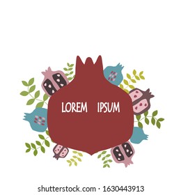 Fruit pomegranate text frame hand drawn flat template. For greeting cards, covers, prints
