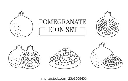 Fruta Pomegranar entero y medio, cortado en rodajas, conjunto de iconos de línea en vector.