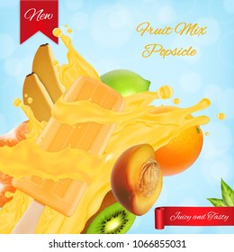 Fruit popsicle ads. Popsicle and tropical fruit with splashing juice on a blue background. EPS10 vector