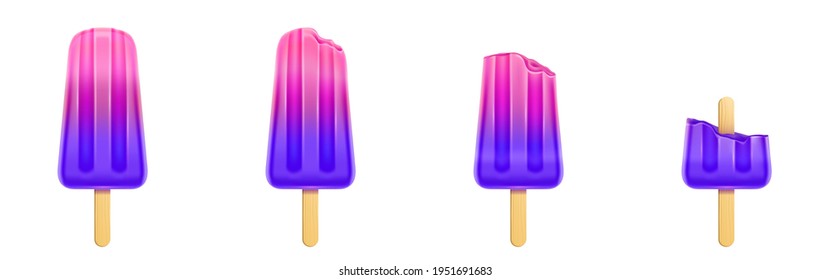 Fruit popsicle with bites, pink and purple ice cream. Frozen juice on wooden stick in different stages of eating. Vector realistic set of summer cold dessert isolated on white background