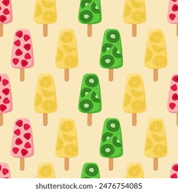 Fruit popsicle seamless pattern. Background for poster, print, cards, wrapping paper, clothes decoration and ice cream shop. Vector illustration