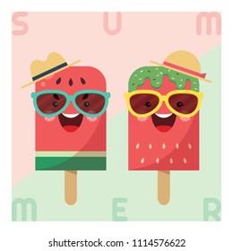 Fruit popsicle - watermelon & strawberry. Cute cartoon popsicle wearing sun glasses and hat. Minimal summer flat vector. 