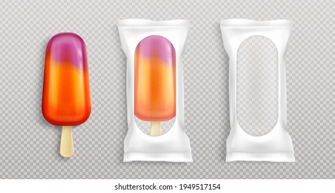 Fruit popsicle in white package with clear window. Vector realistic mockup of blank plastic pouch for fruit ice cream on wooden stick isolated on transparent background