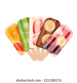 Fruit popsicles ice cream assortment realistic composition with images of ice lollies confectionery product range vector illustration