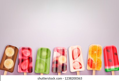 Fruit popsicles ice cream realistic background with images of frozen stick confections of different taste and flavour vector illustration