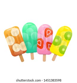  Fruit popsicles. Fruit ice lolly on white background. Mint, banana, strawberry and kiwi popsicles. Vector illustration
