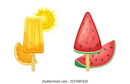 Fruit popsicles set. Tropical resort objects set cartoon vector illustration