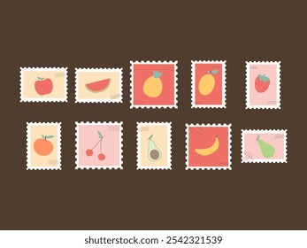 Conjunto de elementos de sello postal de frutas 