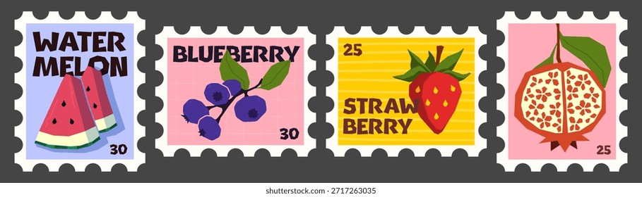 Conjunto de sellos postales de frutas con ilustraciones de verano vintage en estilo geométrico plano. Coloridas tarjetas postales tropicales retro y2k con gráficos de sandía y fresa, arándanos y granadas.