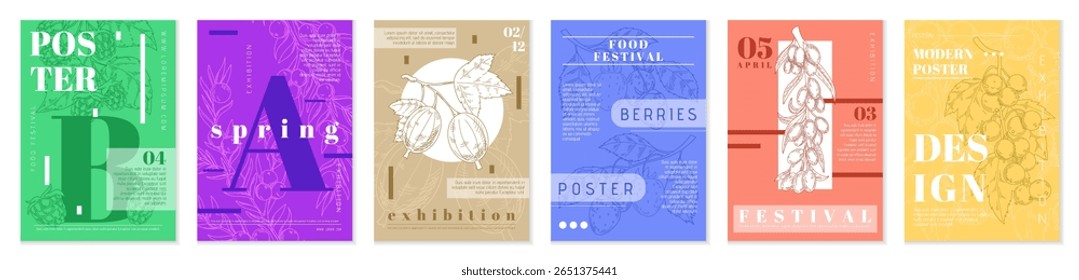 Fruit poster. Colorful abstract background, vertical banner design, business advertising template, flyer or print. Different sketch berries. Raspberry and strawberry. Vector isolated illustration