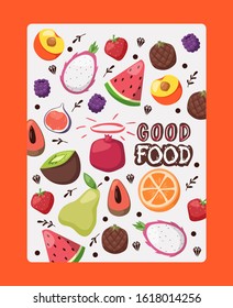 Fruit poster with isolated icons vector illustration. Booklet cover, organic product package label. Fresh juicy tropical fruits, slices of watermelon, orange, fig, peach and pitaya. Healthy vegan food