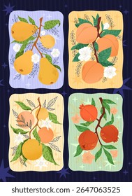 Fruit poster. Pear branch, peach tree, orange fruit, pomegranate leaves. Vintage botanical design. Retro food, summer harvest season. Vector art botanical trendy design cartoon flat style isolated set
