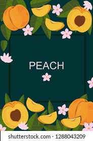 Fruit poster with place for text. Vector greeting card design with peaches, leaves and flowers