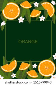 Fruit poster with place for text. Vector poster design with oranges, leaves and flowers.