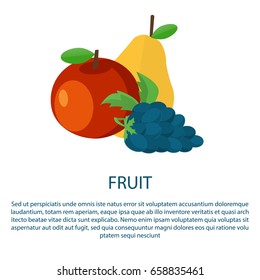 Fruit poster with ripe apple, yellow pear and blue grape vector illustration with text. Healthy organic fruits isolated on white
