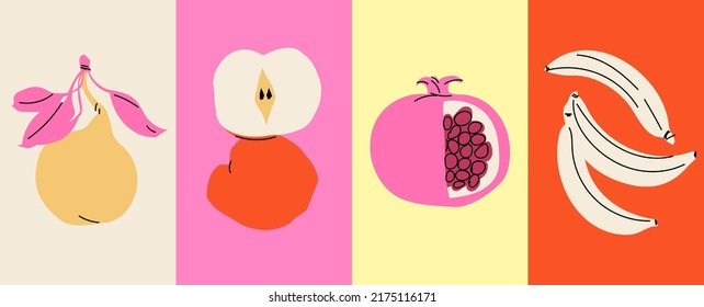 Afiche de fruta envuelto manzana, pera, plátano y granada. Estilo moderno, colores pastel	
