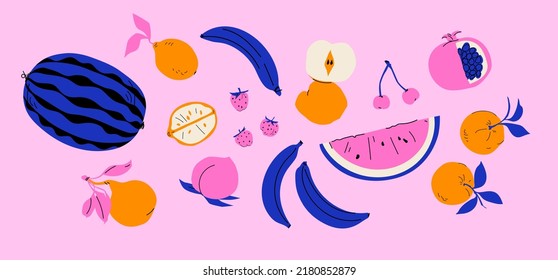 Fruit poster set apple, pear, banana and pomegranate, watermelon, cherry, peach, lemon, strawberry. Modern style, pastel colors	