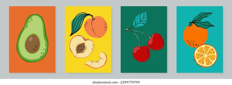 Fruit poster set avocado, peach, cherry and orange. Modern style, pastel colors