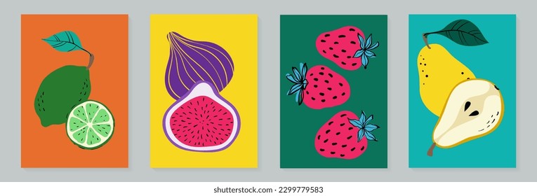 Fruit poster set figs, limes, strawberry and pear. Modern style, pastel colors