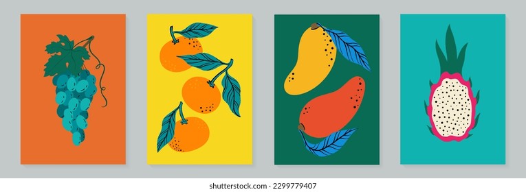 Fruit poster set grape, tangerine, mango and dragonfruit. Modern style, pastel colors