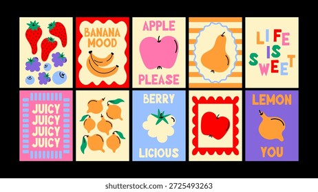 Obstposter für die Küche. Minimale Retro-Illustrationen von frischen Früchten mit verspielten Farben und klaren grafischen Kompositionen