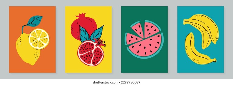 Fruit poster set lemon, watercolor, banana and pomegranate. Modern style, pastel colors