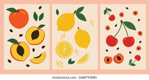 Fruit Poster Set with Peaches, Lemons, and Cherries in Flat Vector Style۔Modern minimalistic fruits art
