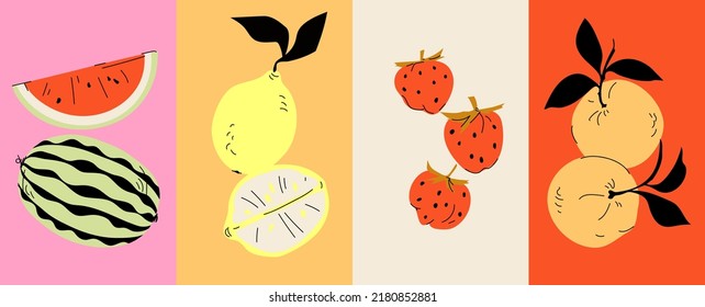 Fruit poster set watermelon, lemon, peach and strawberry. Modern style, pastel colors