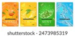 Fruit poster, splash water. Lemon, orange, green mint and ice in liquid in motion. Background fresh, drop drink 3d. Menthol flavor, citrus juice. Cold summer banner. Vector realistic isolated elements