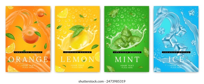 Fruit poster, splash water. Lemon, orange, green mint and ice in liquid in motion. Background fresh, drop drink 3d. Menthol flavor, citrus juice. Cold summer banner. Vector realistic isolated elements