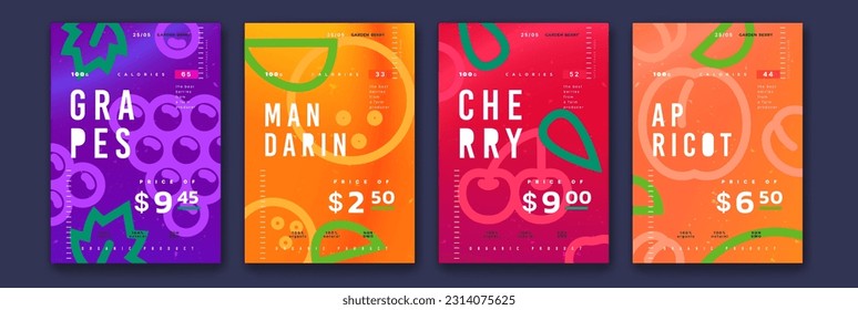 Fruit posters. Cherry food pattern. Abstract summer mandarin. Grape and apricot. Citrus vitamins. Grocery flyers design. Organic products price labels set. Vector exact icon background