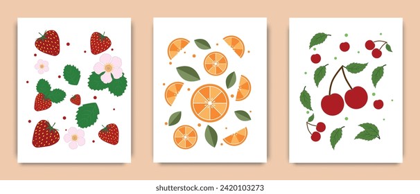 Afiches de frutas de estilo moderno, arte mural. Ilustración de fresa, naranja y cereza sobre fondo blanco. Diseño de primavera y verano para la decoración casera, interior.