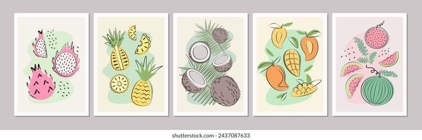 Afiches de frutas en diseño plano. Etiqueta de fruta, icono de fruta. Pitaya, piña, coco, mango, sandía en un estilo sencillo.
